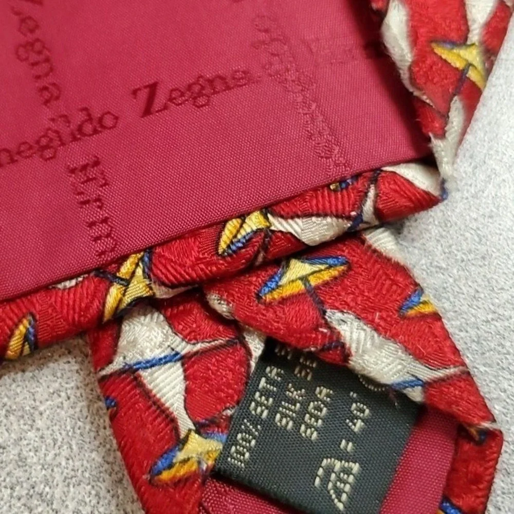 Ermenegildo Zegna Silk Necktie Mens Seal Umbrella Novelty Disegno Esclusivo Red